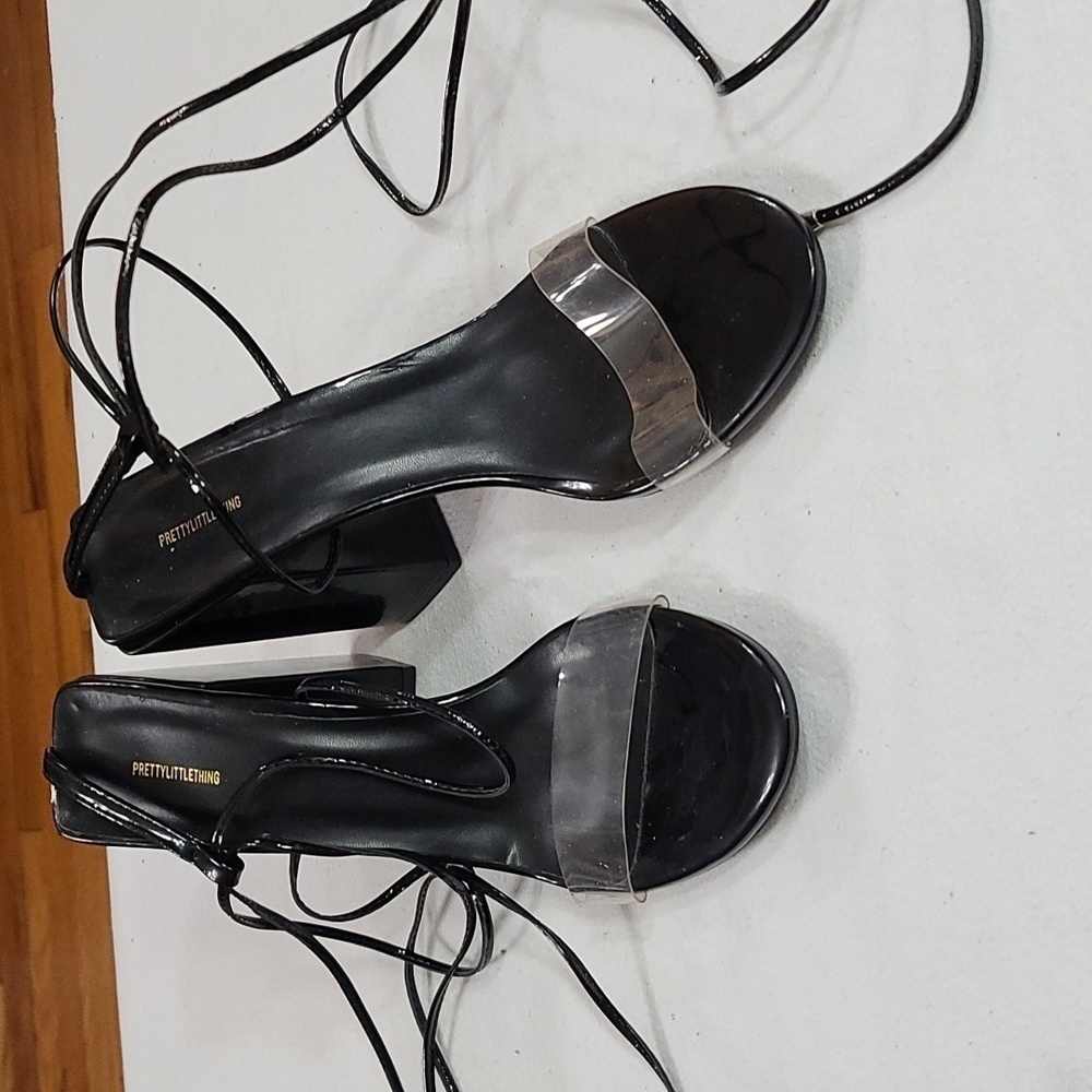 Pretty Little Thing Womens Shoe Lace Up Heels Black Clear Strap‎ Sz 8 EUC